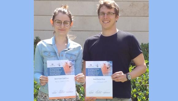 Congratulations to the PhD students Marina Buzhor and Kfir Steinbuch from the School of Chemistry for winning prizes in the annual meeting of the Medicinal Chemistry Section of the Israel Chemical Society